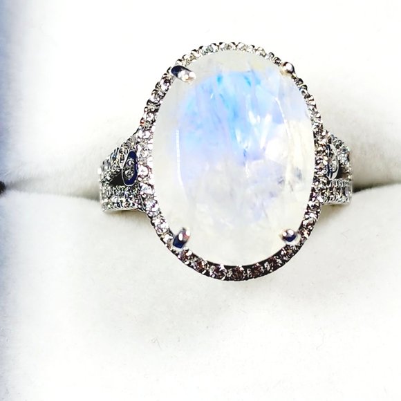 Premium Moonstone & White Zircon halo ring in Plat over 925SS sz 7 10.60 cts - Picture 1 of 5